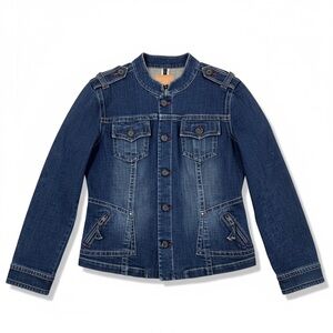 Christopher Blue Denim Jacket XL Jean Coat Pockets Button Zipper Moto‎ Military